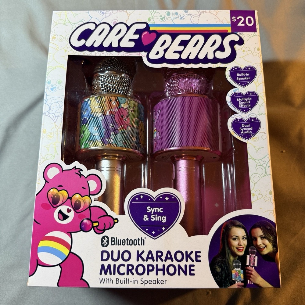 Care Bears Duo Karaoke Microphone Kids OS Pink Silver New Bluetooth Sync & Sing